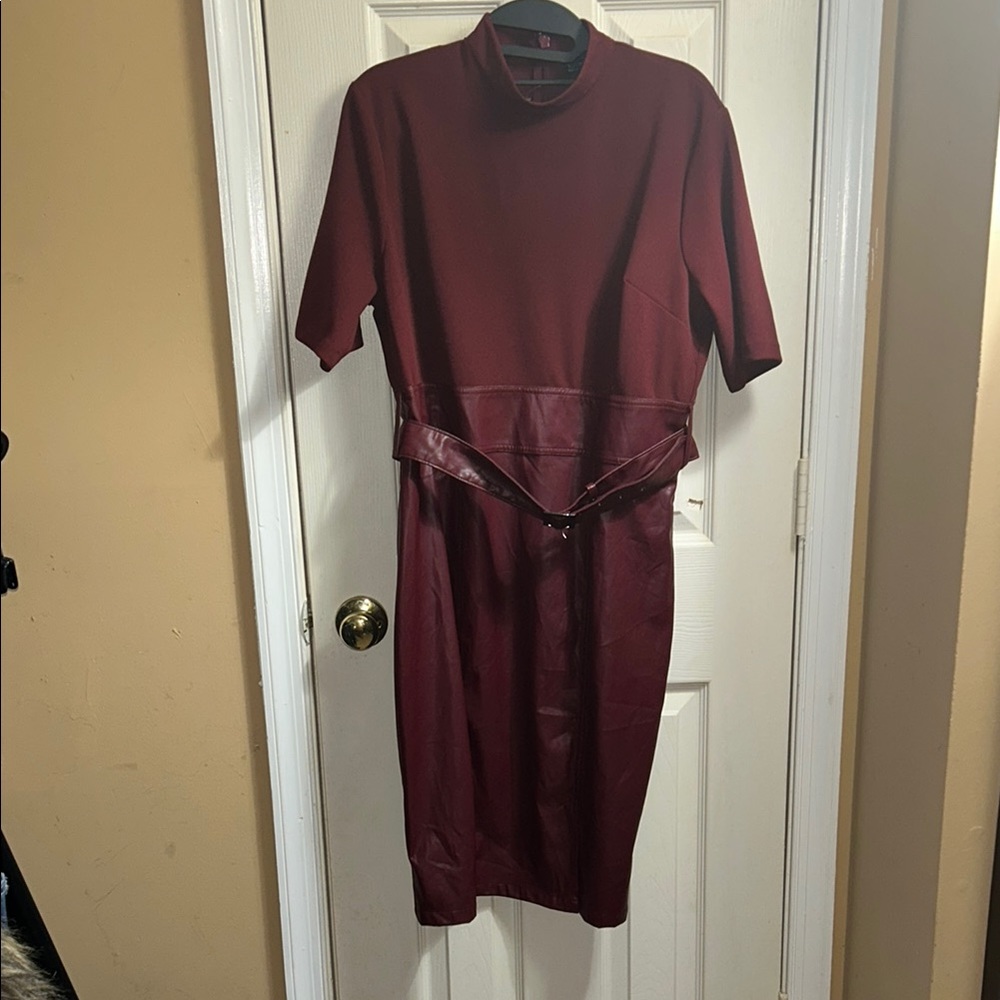 New York & Company Faux-Leather Belted Sheath Dress
